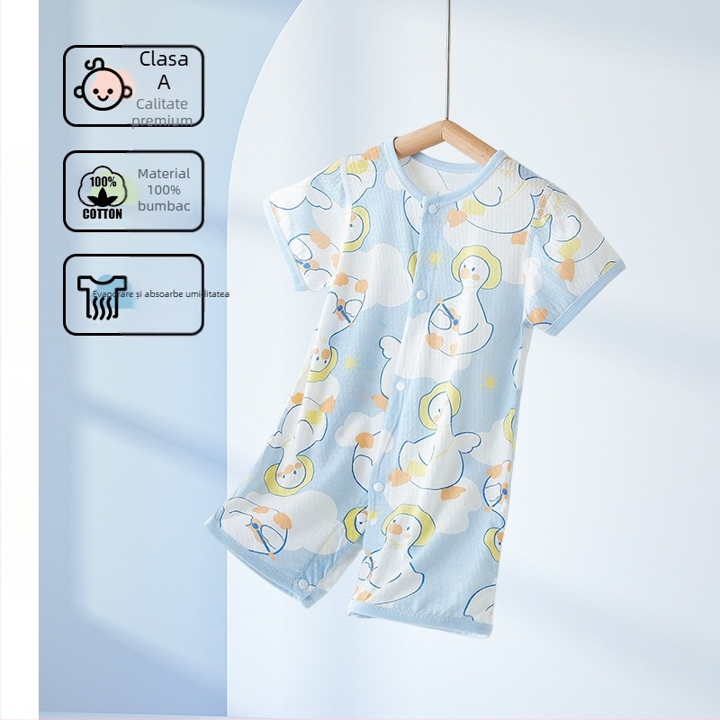 Salopetă din bumbac pentru bebeluși, mâneci scurte, 100% bumbac, material de vară ușor, închidere frontală cu nasturi