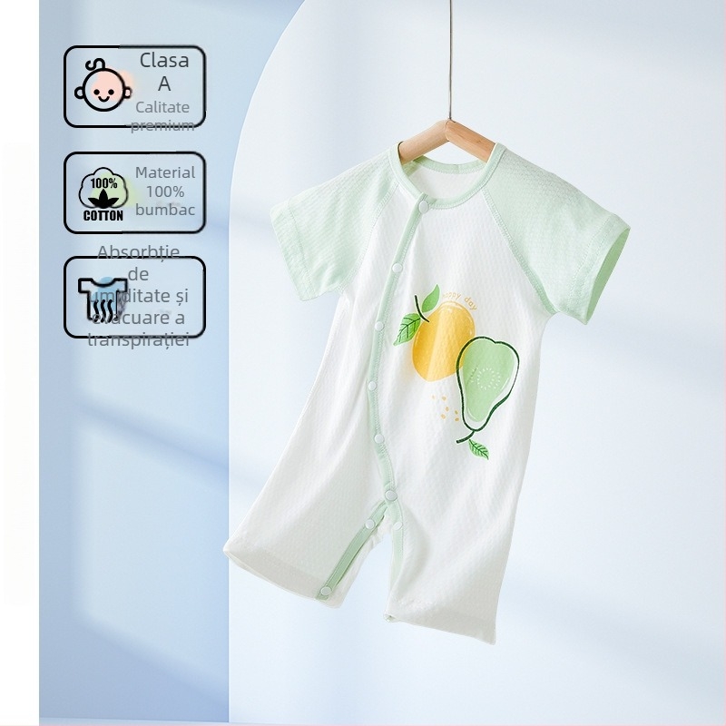 Salopetă din bumbac pentru bebeluși, mâneci scurte, 100% bumbac, material de vară ușor, închidere frontală cu nasturi