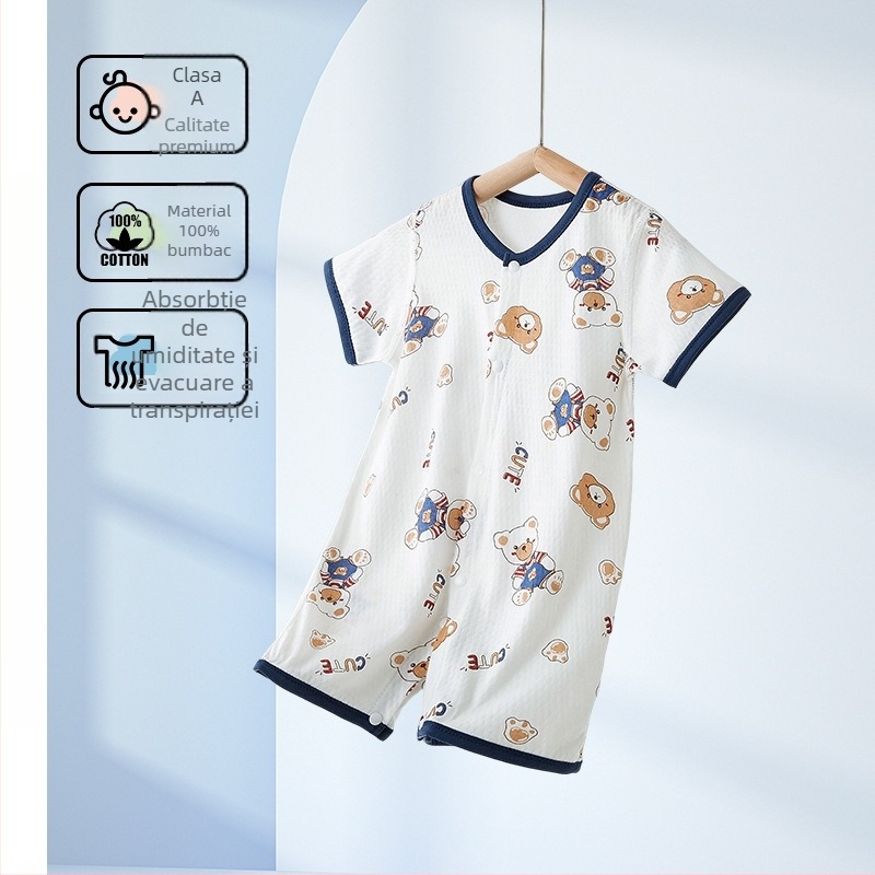 Salopetă din bumbac pentru bebeluși, mâneci scurte, 100% bumbac, material de vară ușor, închidere frontală cu nasturi