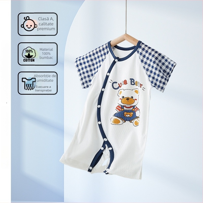 Salopetă din bumbac pentru bebeluși, mâneci scurte, 100% bumbac, material de vară ușor, închidere frontală cu nasturi