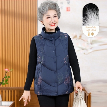 Vestă de puf elegantă pentru femei în vârstă, pentru toamnă–iarna, material principal: fibre de celuloză regenerată (>95%), stil japonez-coreean de relaxare, lansare toamnă 2025