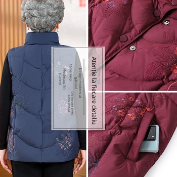 Vestă de puf elegantă pentru femei în vârstă, pentru toamnă–iarna, material principal: fibre de celuloză regenerată (>95%), stil japonez-coreean de relaxare, lansare toamnă 2025