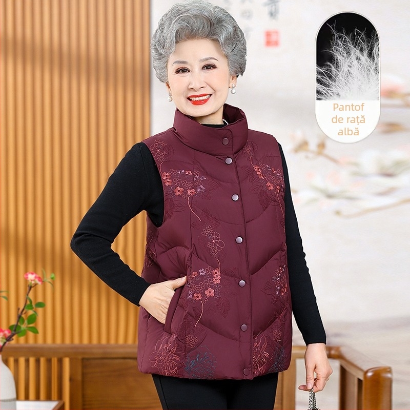 Vestă de puf elegantă pentru femei în vârstă, pentru toamnă–iarna, material principal: fibre de celuloză regenerată (>95%), stil japonez-coreean de relaxare, lansare toamnă 2025