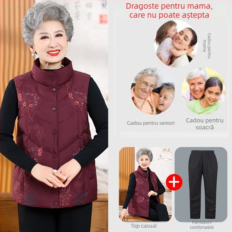 Vestă de puf elegantă pentru femei în vârstă, pentru toamnă–iarna, material principal: fibre de celuloză regenerată (>95%), stil japonez-coreean de relaxare, lansare toamnă 2025