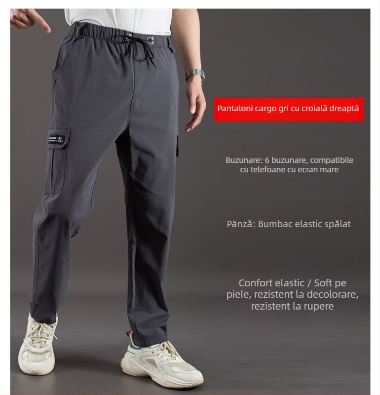Pantaloni de lucru pentru bărbați, primăvară-toamnă, cu buzunare multiple, bumbac-stretch, croială dreaptă, talie înaltă, fermoar