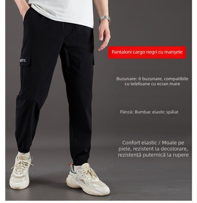Pantaloni de lucru pentru bărbați, primăvară-toamnă, cu buzunare multiple, bumbac-stretch, croială dreaptă, talie înaltă, fermoar