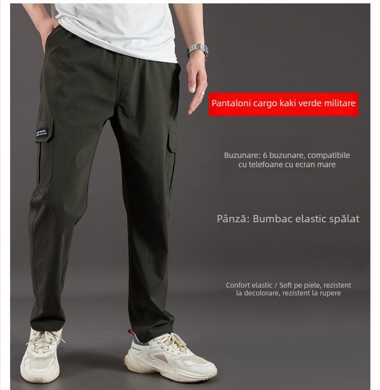 Pantaloni de lucru pentru bărbați, primăvară-toamnă, cu buzunare multiple, bumbac-stretch, croială dreaptă, talie înaltă, fermoar