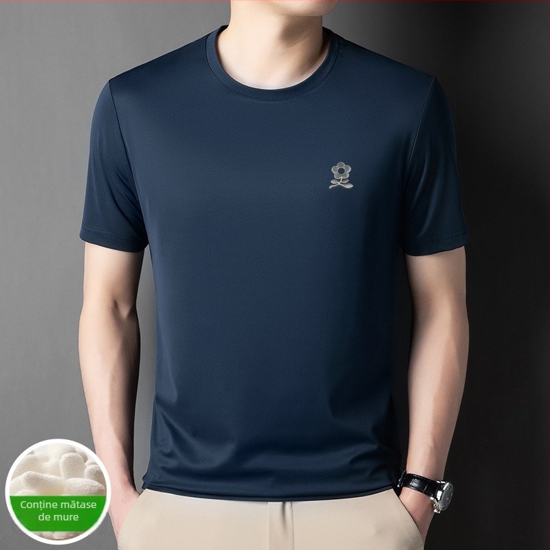 Tricou bărbați din Ice Silk cu mătase Mulberry 71–80%, croi slim, guler rotund, mâneci scurte, imprimeu geometric, vară 2025