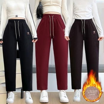 Pantaloni casual talie înaltă, drepti, căptuțiți cu fleece, croială lejeră, iarnă 2025