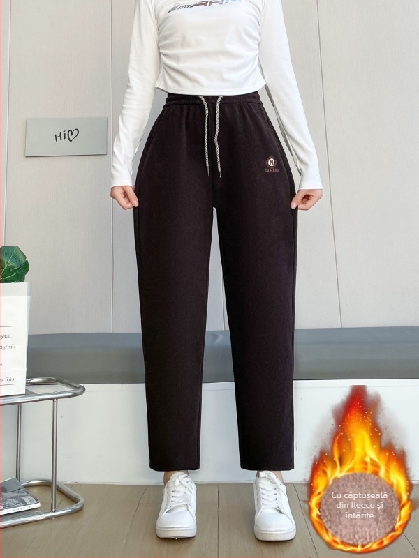 Pantaloni casual talie înaltă, drepti, căptuțiți cu fleece, croială lejeră, iarnă 2025