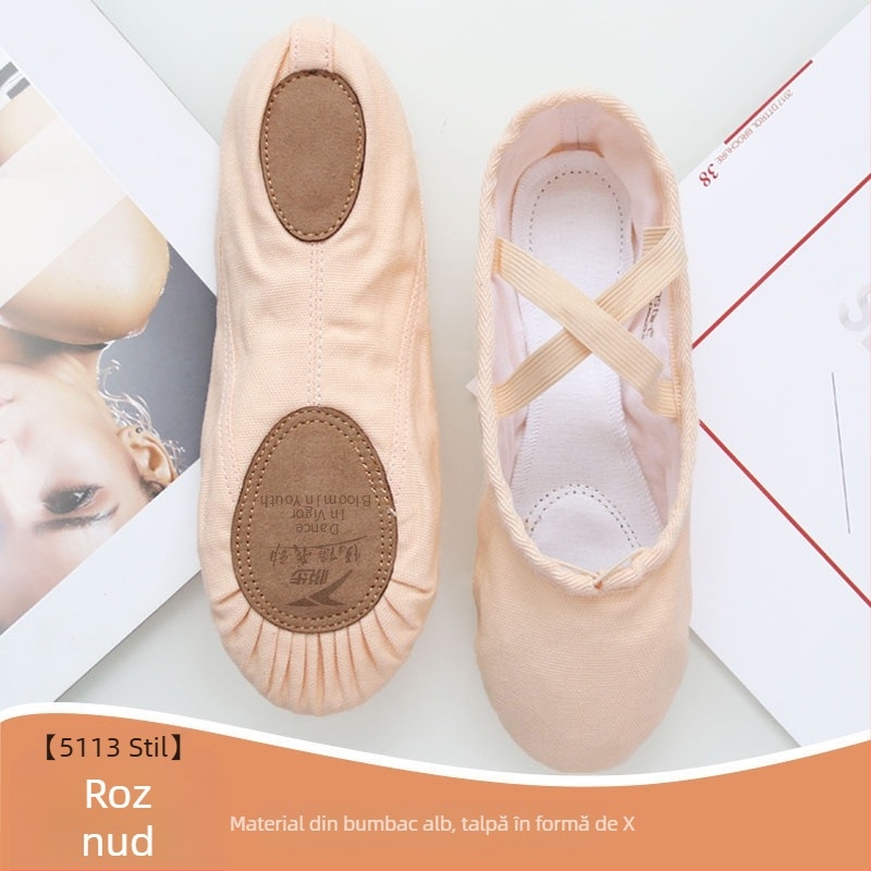 Pantofi de dans pentru femei și fete, talpa moale, balet clasic, partea superioară din pânză, talpă din piele naturală, șireturi
