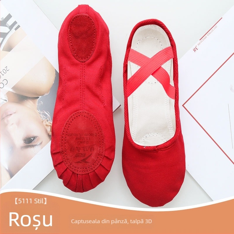 Pantofi de dans pentru femei și fete, talpa moale, balet clasic, partea superioară din pânză, talpă din piele naturală, șireturi