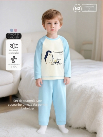 Set de pijamale pentru copii din bumbac cu imprimeu desen animat, pentru 3–8 ani, guler rotund, primăvară–toamnă