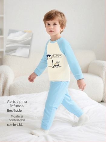 Set de pijamale pentru copii din bumbac cu imprimeu desen animat, pentru 3–8 ani, guler rotund, primăvară–toamnă