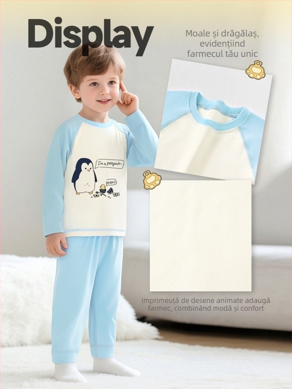 Set de pijamale pentru copii din bumbac cu imprimeu desen animat, pentru 3–8 ani, guler rotund, primăvară–toamnă
