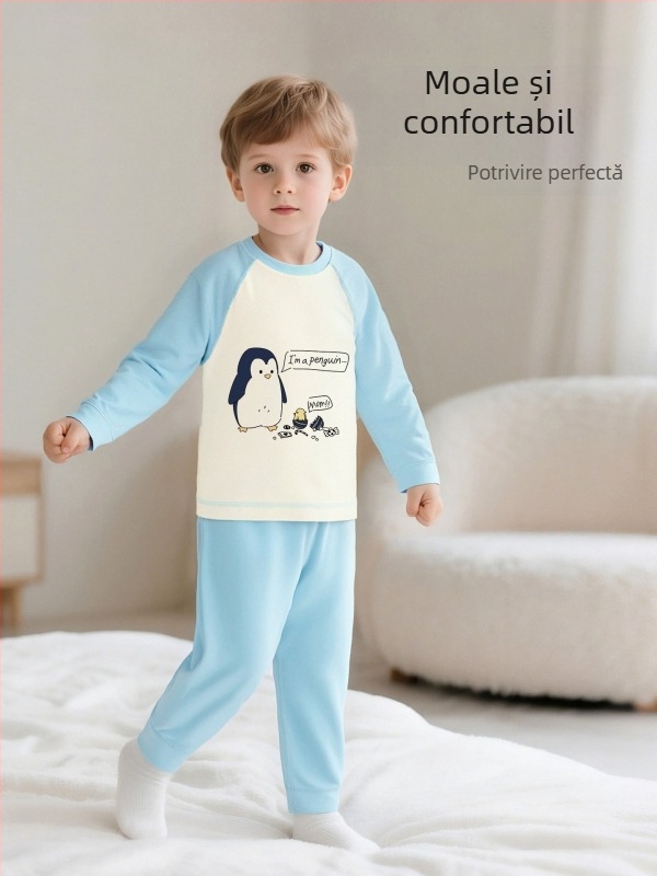 Set de pijamale pentru copii din bumbac cu imprimeu desen animat, pentru 3–8 ani, guler rotund, primăvară–toamnă
