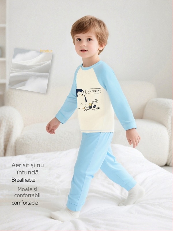 Set de pijamale pentru copii din bumbac cu imprimeu desen animat, pentru 3–8 ani, guler rotund, primăvară–toamnă