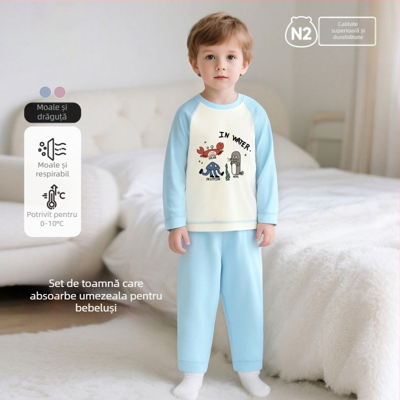 Set de pijamale pentru copii din bumbac cu imprimeu desen animat, pentru 3–8 ani, guler rotund, primăvară–toamnă