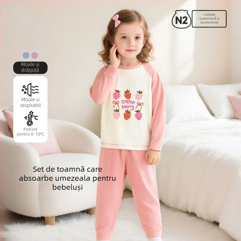 Set de pijamale pentru copii din bumbac cu imprimeu desen animat, pentru 3–8 ani, guler rotund, primăvară–toamnă