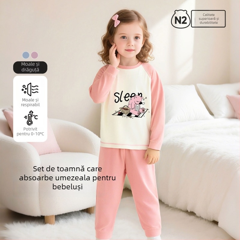 Set de pijamale pentru copii din bumbac cu imprimeu desen animat, pentru 3–8 ani, guler rotund, primăvară–toamnă