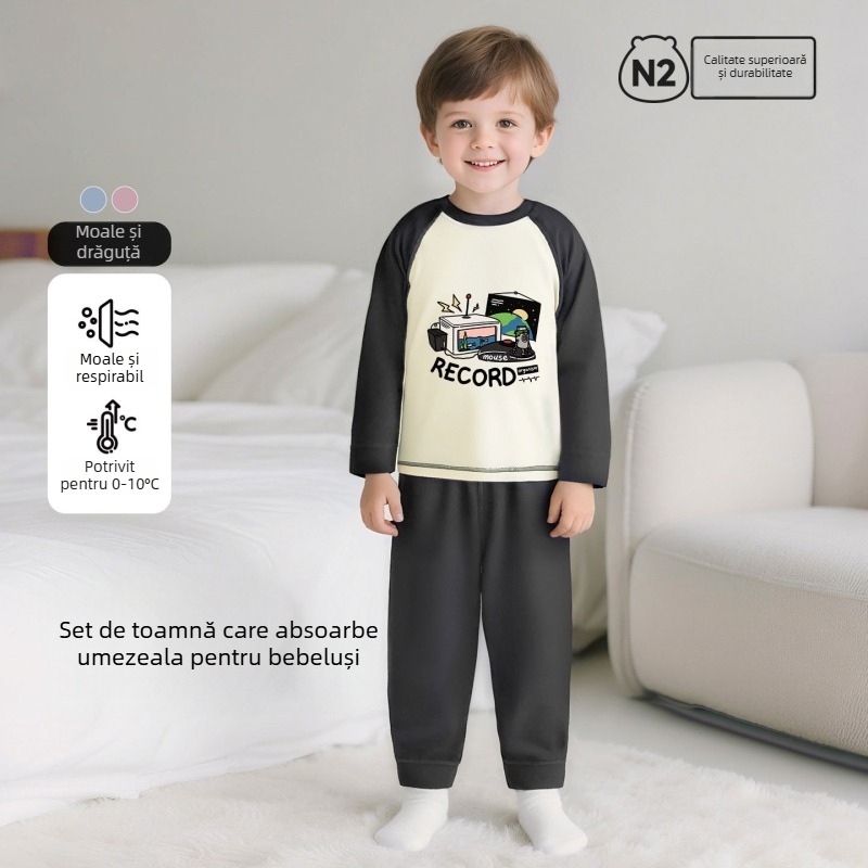 Set de pijamale pentru copii din bumbac cu imprimeu desen animat, pentru 3–8 ani, guler rotund, primăvară–toamnă