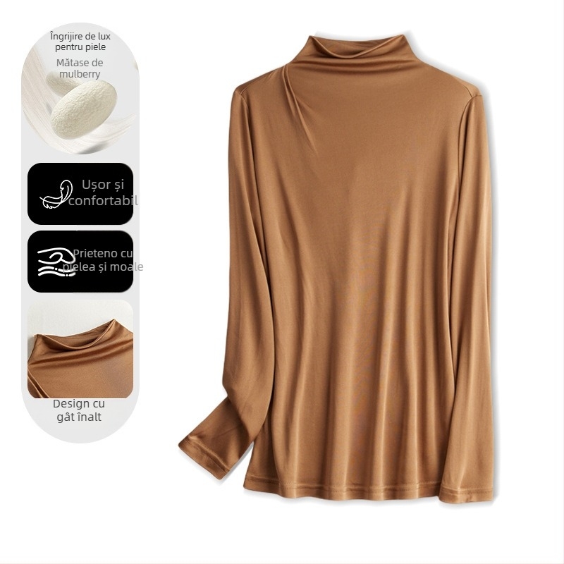 Top tricotat din Mulberry mătase pentru femei – guler semi‑turtleneck, mâneci lungi, croială lejeră, model solid