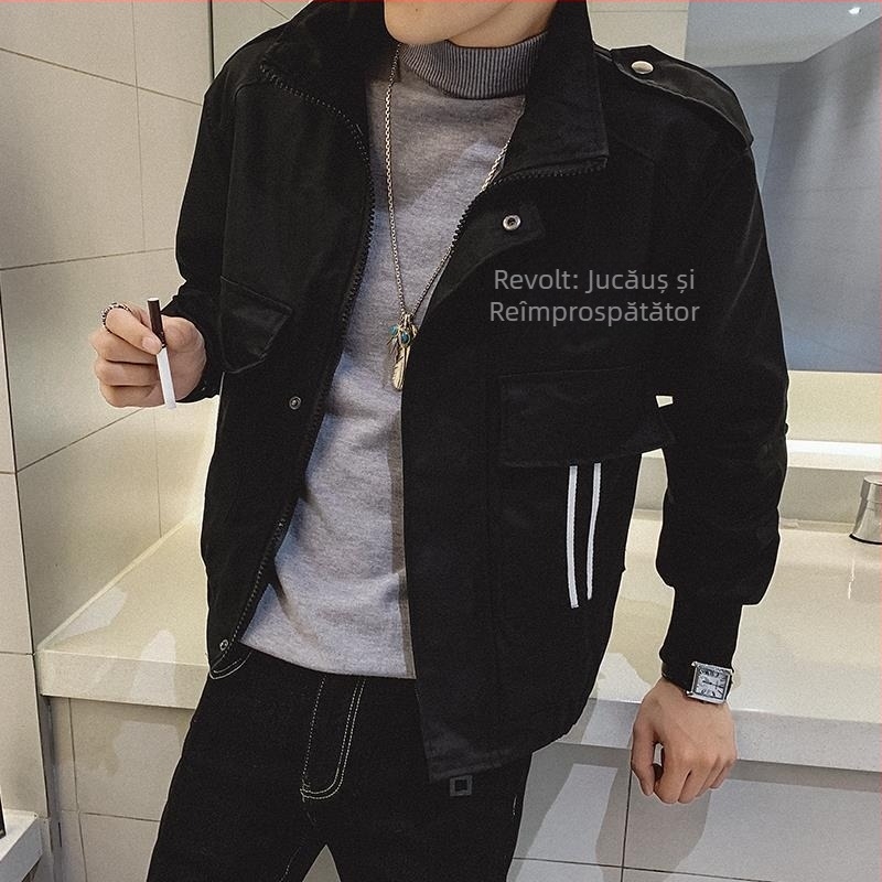 Jachetă baseball din corduroy cu blană de iepure, stil coreean, croială Slim, cu glugă, guler rever