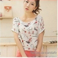 Bluza din chiffon pentru femei, imprimeu, croială lejeră, mâneci tip aripă, guler rotund, top de vară, lungime 50–65 cm