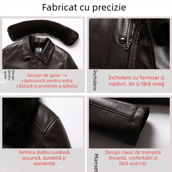 Jachetă de piele de miel autentică, căptușită cu fleece, închidere cu fermoar, croială mulată