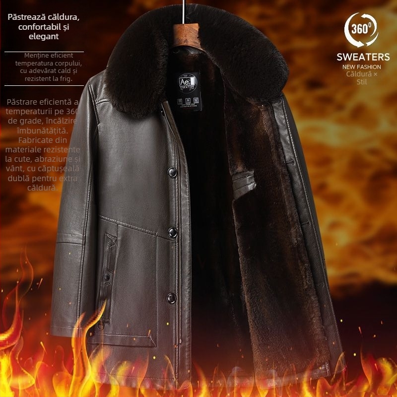 Jachetă de piele de miel autentică, căptușită cu fleece, închidere cu fermoar, croială mulată