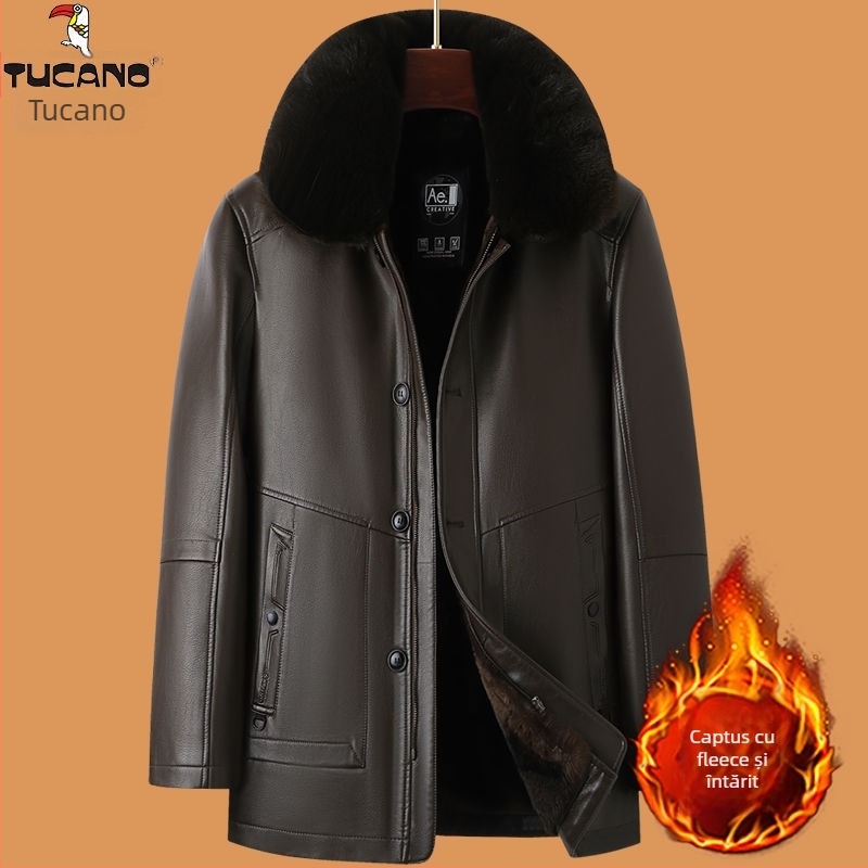 Jachetă de piele de miel autentică, căptușită cu fleece, închidere cu fermoar, croială mulată