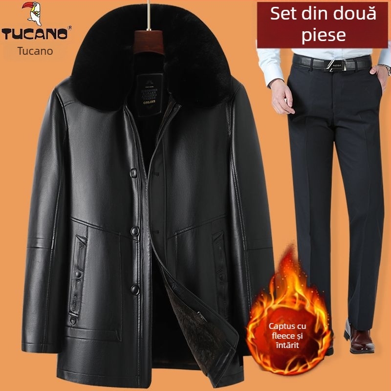 Jachetă de piele de miel autentică, căptușită cu fleece, închidere cu fermoar, croială mulată