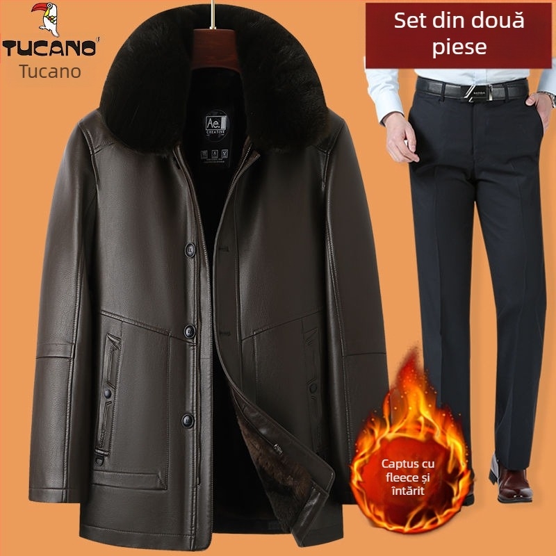 Jachetă de piele de miel autentică, căptușită cu fleece, închidere cu fermoar, croială mulată