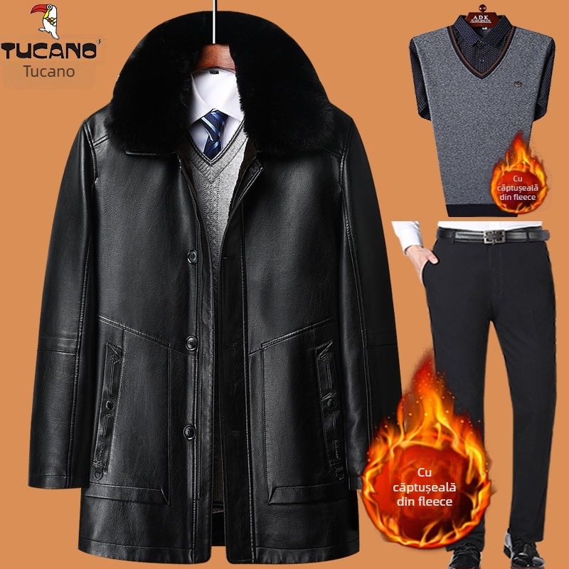 Jachetă de piele de miel autentică, căptușită cu fleece, închidere cu fermoar, croială mulată