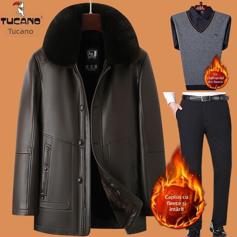 Jachetă de piele de miel autentică, căptușită cu fleece, închidere cu fermoar, croială mulată