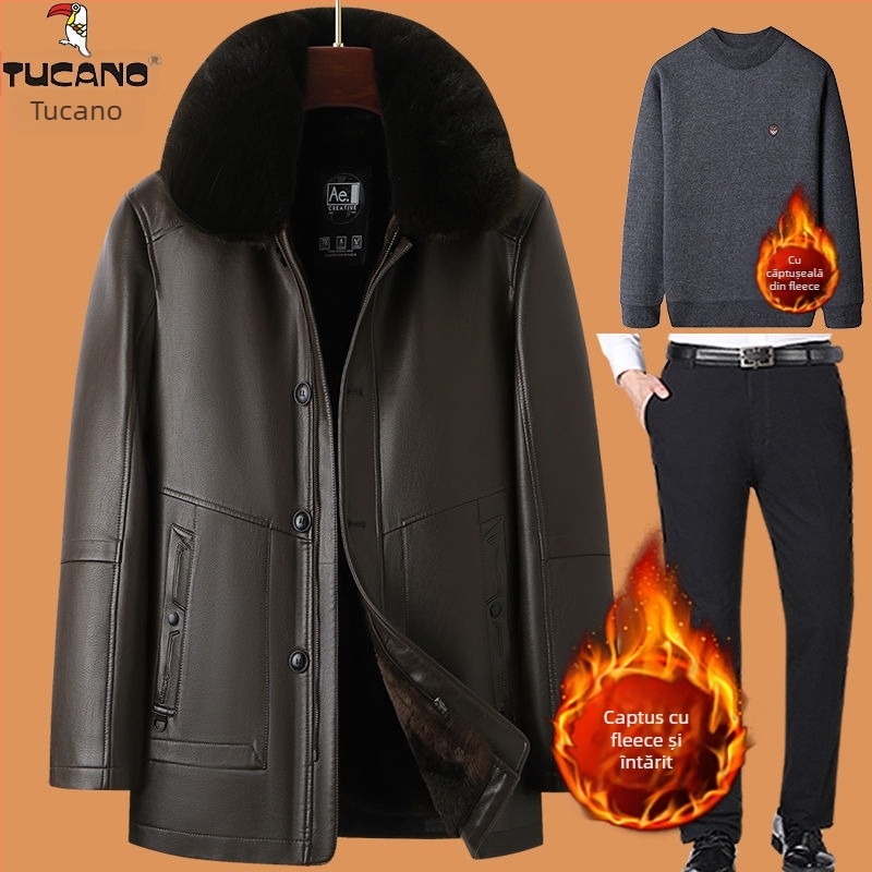 Jachetă de piele de miel autentică, căptușită cu fleece, închidere cu fermoar, croială mulată