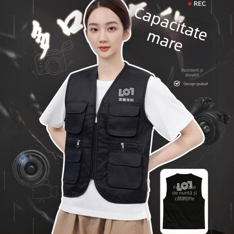 Vestă foto cu logo, vestă de lucru cu buzunare multiple, fermoar, poliester, croială lejeră