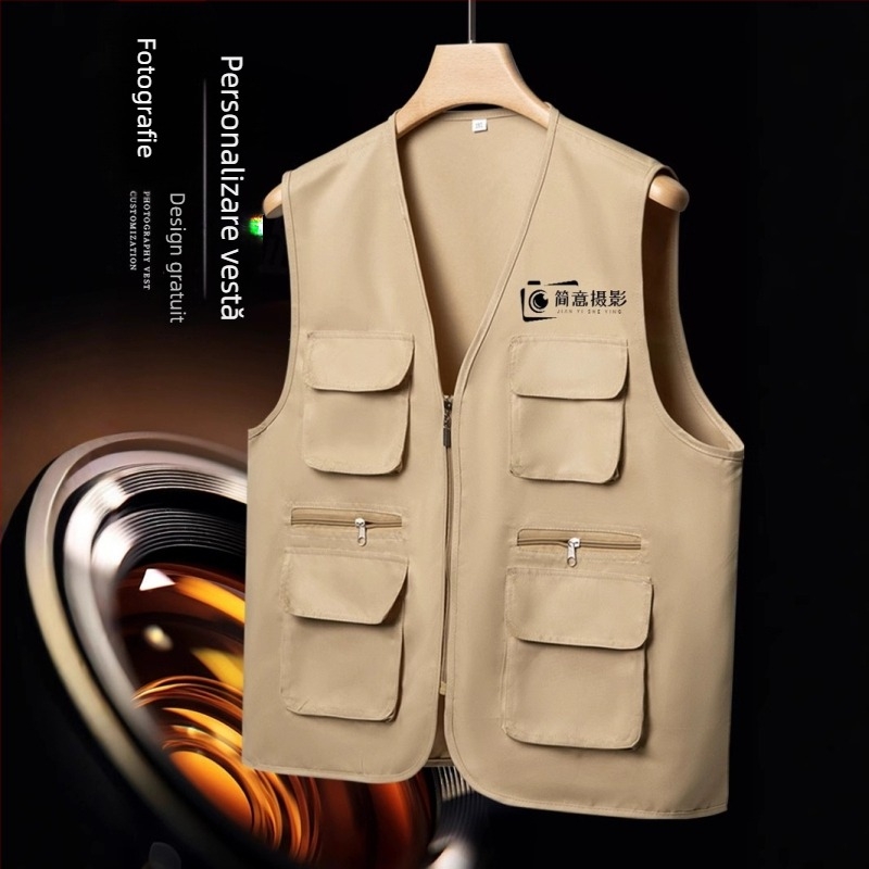 Vestă foto cu logo, vestă de lucru cu buzunare multiple, fermoar, poliester, croială lejeră