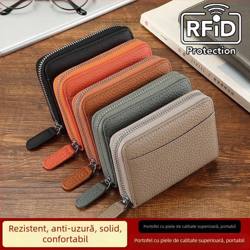 Portcard în stil acordeon din piele naturală top-grain, model solid, unisex, bi-fold, căptușeală din piele sintetică, anti-furt