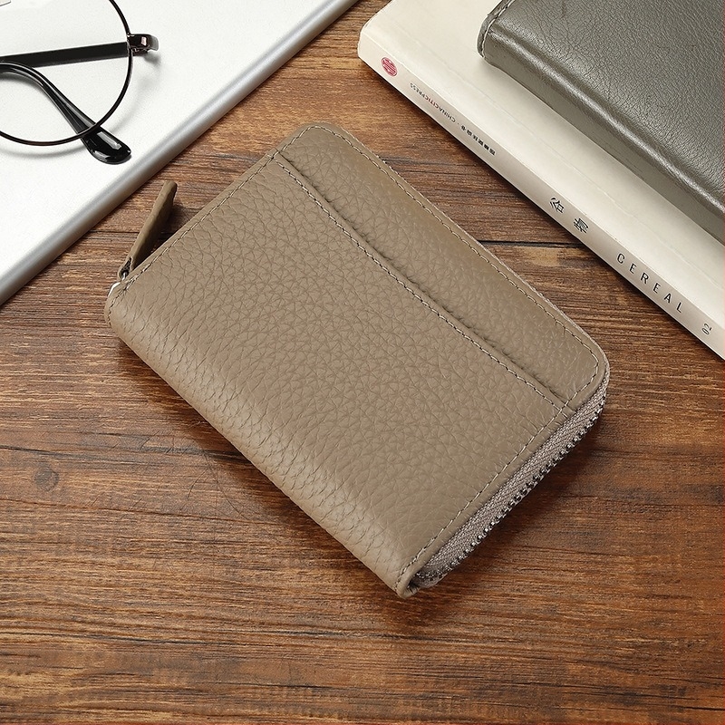 Portcard în stil acordeon din piele naturală top-grain, model solid, unisex, bi-fold, căptușeală din piele sintetică, anti-furt