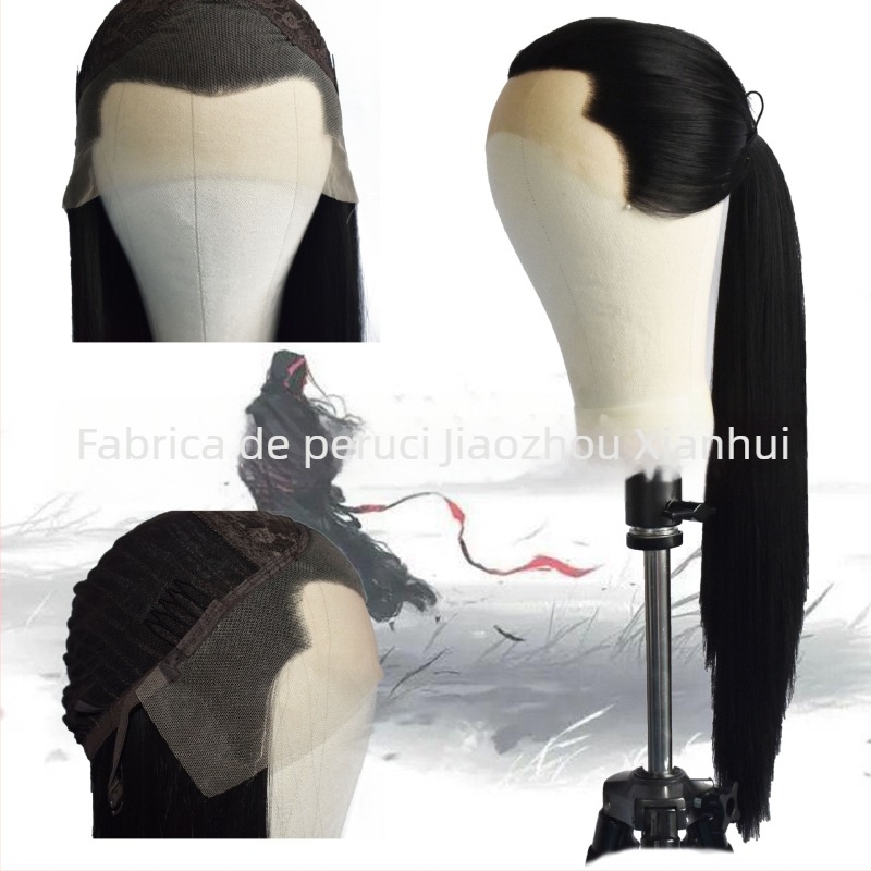 Perucă COS pentru bărbați, costum antic, păr lung drept, dantelă frontală, țesătură frontală manuală