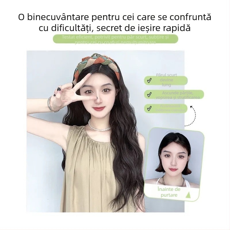 Perucă cu bandă pentru cap, păr lung drept, vârf înalt pe creștet, capac dintr-o bucată care acoperă jumătate de cap, breton reglabil (drept sau înclinat), modele AT358 AT381, sârmă rezistentă la temperatură, aspect natural