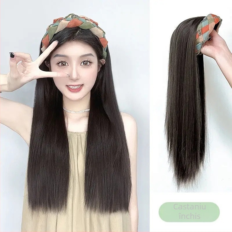 Perucă cu bandă pentru cap, păr lung drept, vârf înalt pe creștet, capac dintr-o bucată care acoperă jumătate de cap, breton reglabil (drept sau înclinat), modele AT358 AT381, sârmă rezistentă la temperatură, aspect natural