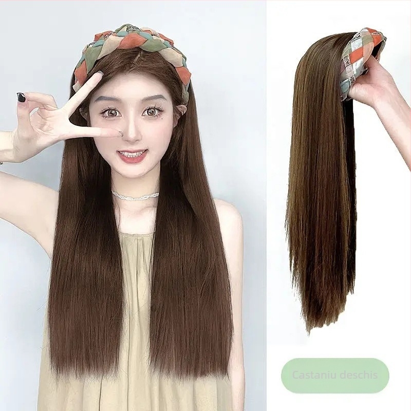 Perucă cu bandă pentru cap, păr lung drept, vârf înalt pe creștet, capac dintr-o bucată care acoperă jumătate de cap, breton reglabil (drept sau înclinat), modele AT358 AT381, sârmă rezistentă la temperatură, aspect natural