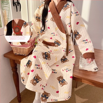 rochie de alăptare postpartum din bumbac ușor, mâneci lungi, deschidere pentru alăptare, fustă lungă