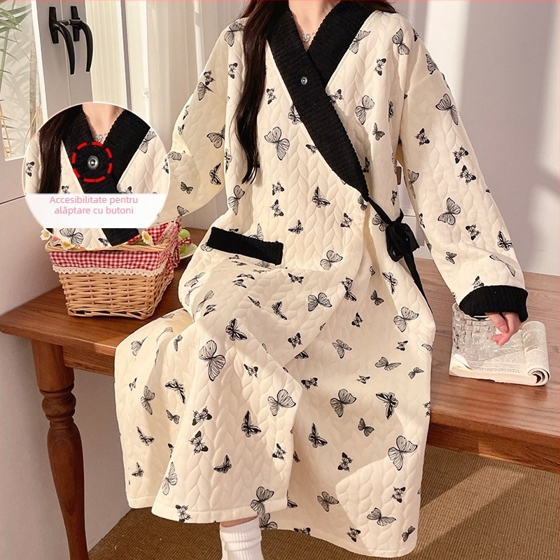 rochie de alăptare postpartum din bumbac ușor, mâneci lungi, deschidere pentru alăptare, fustă lungă