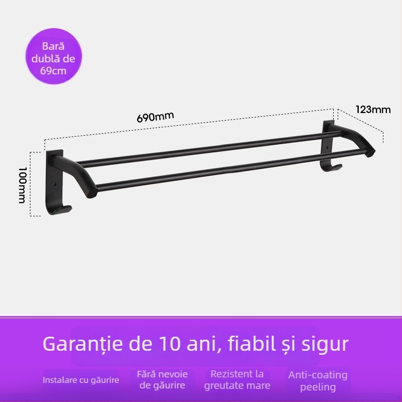 Raft de prosoape pentru baie din Space aluminiu cu finisaj negru anodizat, strat dublu, 10 kg sarcină, Emma