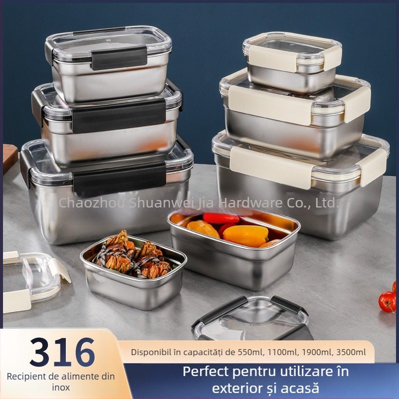 Cutie de conservare din oțel inoxidabil 304, dreptunghiulară, etanșă, pentru frigider și congelator; capacități: 501–800 ml, 1–2 L, 3.1–4 L