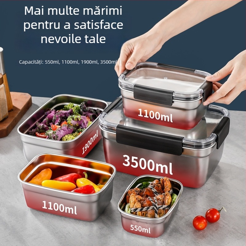 Cutie de conservare din oțel inoxidabil 304, dreptunghiulară, etanșă, pentru frigider și congelator; capacități: 501–800 ml, 1–2 L, 3.1–4 L