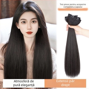 Perucă din trei părți pentru femei cu păr lung drept, stil natural, volum din mătase autohtonă, fără urme vizibile de conectare